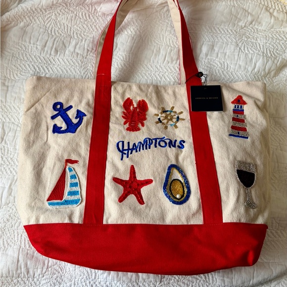 America & Beyond 'Hamptons' Limited Edition Beaded Canvas Tote-Red and Cream - Picture 4 of 11